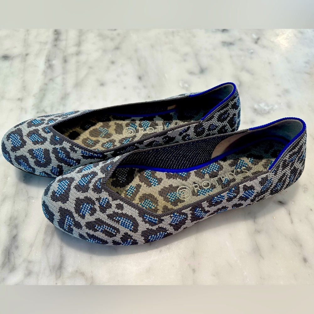 Rothy’s The Flat. Blue & gray cheetah print. Discontinued